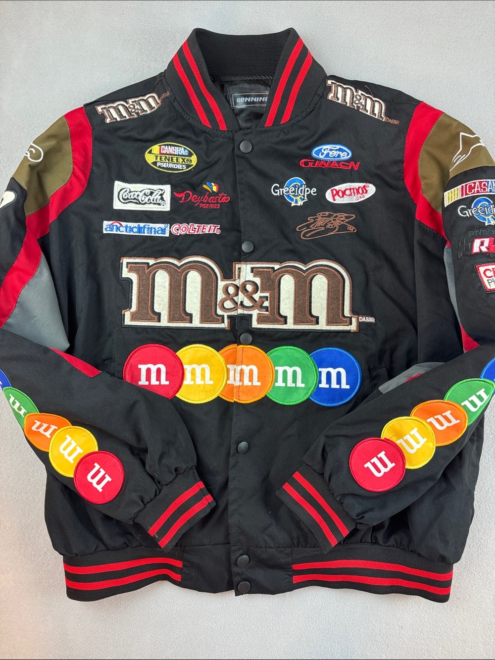 M&M's Black Racing Patch Bomber Jacket with Multicolor Patches - Picture 7 of 12